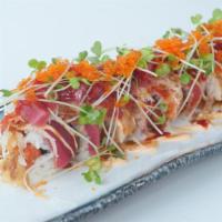 Monster · Spicy level two. In: shrimp tempura, spicy tuna. Out: tuna, salmon, yellowtail, tobiko with ...