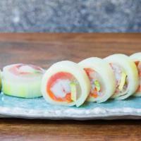 Roppongi Roll · Maguro, hamachi, snow crab, salmon,, avocado, wrapped with cucumber