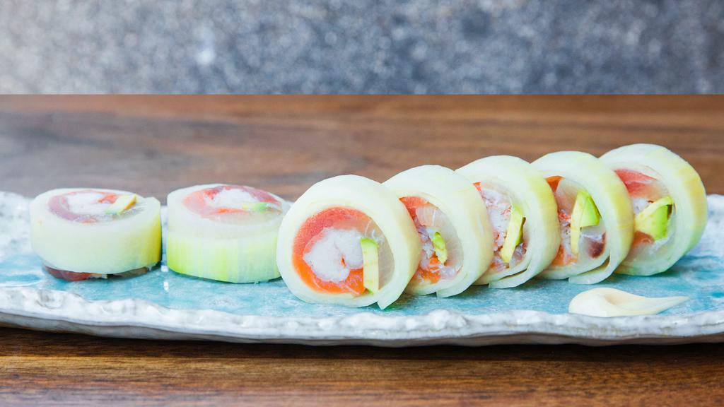 Roppongi Roll · Maguro, hamachi, snow crab, salmon,, avocado, wrapped with cucumber