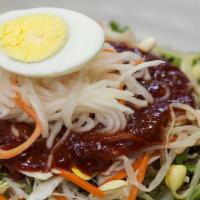 Spicy Chewy Cold Noodle · Spicy, vegetarian. Served with Boiled Egg.