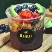 Ruru Acai · Acai blend, avocado sweet almond granola, pineapple, bananas, strawberries, blueberries, hem...