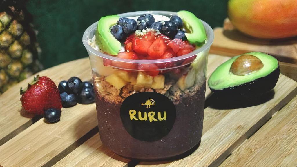 Ruru Acai · Acai blend, avocado sweet almond granola, pineapple, bananas, strawberries, blueberries, hemp seeds. Acai blend: acai, strawberries, guar gum, honey, blueberries, bananas, organic apple juice.