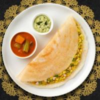 Chunky Cheese Chili Dosa  · Savory crepe made of rice & lentil batter topped off with Mixed Cheese, Chopped green chilie...