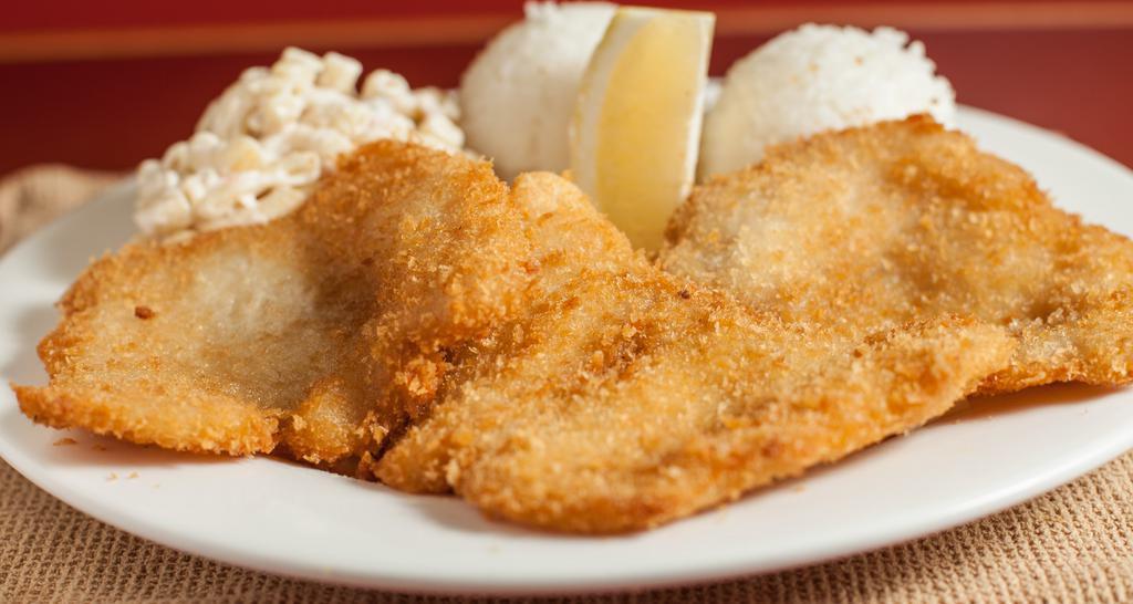 Fried Fish · Regular plate lunch includes 2 scoops of rice and 1 scoop of macaroni salad. Mini plate lunch includes 1 scoop of rice and 1 scoop of macaroni salad.