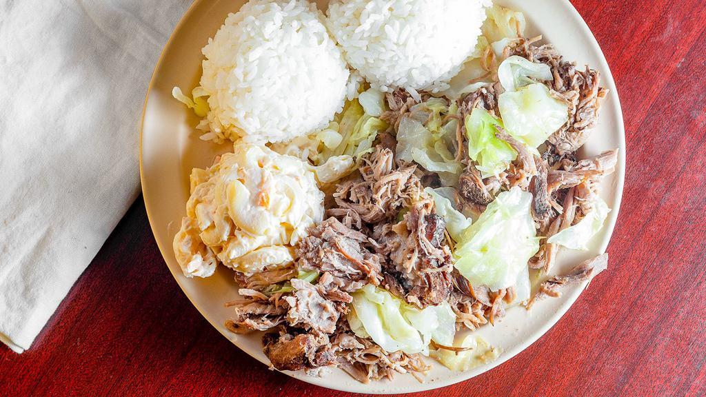 Kalua Pork With Cabbage And Lau Lau · Our kalua pork is made in-house with locally sourced pork that's cooked to a tender, falling-apart texture and then pulled apart by our chefs to shreds before being simmered with house-cut napa cabbage. It delivers a hickory-smoked, juicy flavor with soft, cooked cabbage that balances the flavor profile for a fantastic culinary experience. Our lau lau is an authentic hawaiian dish that consists of pork and butterfish wrapped in lūʻau (aka taro leaves) and steamed to perfection - the lūʻau is unique, tender and juicy while the pork and butterfish provide an amazing flavor profile that is savory-forward and umami-finished. This is one of our most popular dishes and a true hawai'i favorite!