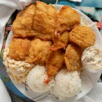 SEAFOOD PLATTER · Fried shrimp and fish. 627 cal.serving 2 scoop of rice and macaroni salad