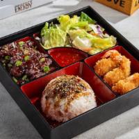 T3 Signature Steak Bento · Served with our signature Steak, Butterfly Shrimps, Salad, and Furikake Seasoned Rice.