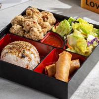 T1 Popcorn Chicken & Spring Roll Bento · Served with Crispy Popcorn Chicken, Spring Rolls, Salad, and Furikake Seasoned Rice.