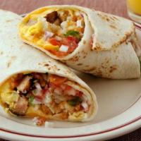 BREAKFAST BURRITO · breakfast burrito with choice of chorizo or ham.
