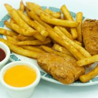 5f. Fish & Chips · Two Breaded Vegan fish and Fries. Served with Special House Buffalo Sauce