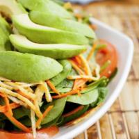 6. Spinach Salad · Gluten-free, contain nuts. Baby spinach, avocado, sunflower seeds, fried tofu, and tomato. S...