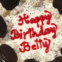Whole Oreo Cheese Cake · 7 inch cake. Can be cut into 8-10 slices
+$5 for adding writing on cake