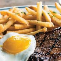 Steak & Egg · 28-day aged 10 Ounce USDA choice new York strip. House-made herb butter available upon reque...