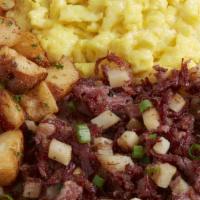Corned Beef Hash & Eggs · Two eggs* (160 Cal) served any style with Corned Beef Hash (300-910 Cal), roasted potatoes (...
