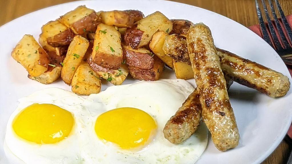 Turkey Sausage & Eggs · Two eggs* (160 Cal) served any style with turkey sausage(300-910 Cal), roasted potatoes (150 Cal) and toast (130-400 Cal) or a Muffin (520-860 Cal). Substitute a croissant. (360 Cal) 99¢