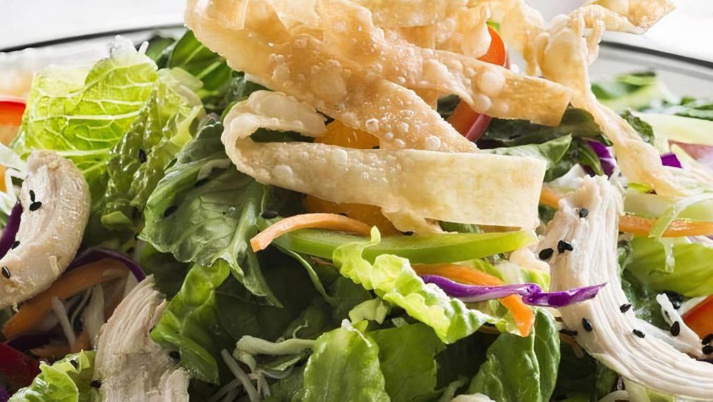 Asian Chicken Salad · Roasted chicken, bell peppers, green onions, mandarin oranges and cilantro on shredded cabbage and romaine lettuce tossed with sesame dressing. Topped with fried wontons and sesame seeds. (520 Cal)