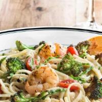 Shrimp Pasta · Sautéed shrimp, grape tomatoes, broccoli, and linguine pasta tossed in a lemon sauce. (1030 ...