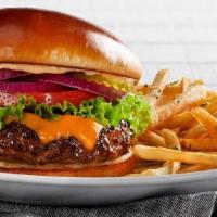 Cheese Burger · 100% USDA premium beef patty with your choice of cheese, lettuce, tomatoes, red onions, pick...