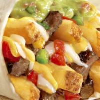 California Burritos · Choice of meat, fries, yellow cheese, salsa ranchera, sour cream and guacamole.