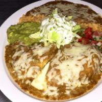 Chile Relleno Plate · Cheese, beans, rice, guacamole, salsa ranchera, sour cream, lettuce with four corn or flour ...