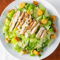 Chicken Caeser Salad · Romaine hearts, sliced chicken breast, seasoned croutons, and shredded parmesan cheese with ...