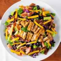 BBQ CHICKEN SALAD · Mix green, diced BBQ chicken breast, cheddar cheese, tomatoes, red cabbage,  shredded carrot...