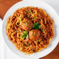 SPAGHETTI WITH MEATBALLS · All time favorite with homemade meat sauce and zesty all beef meatballs.