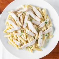 PASTA CHICKEN ALFRADO · Tube pasta tossed with cream sauce and tender chicken breast slices.
