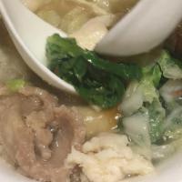 Wor Wonton Soup · Homemade wontons with chicken broth add with chicken, beef, prawns and fresh vegetables. (ho...