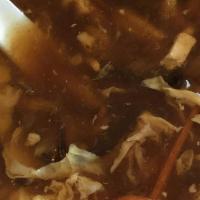 Hot Sour Soup · Hot & spicy. (hot pork broth with bamboo shoots, shredded pork, bean curd, shredded carrot a...