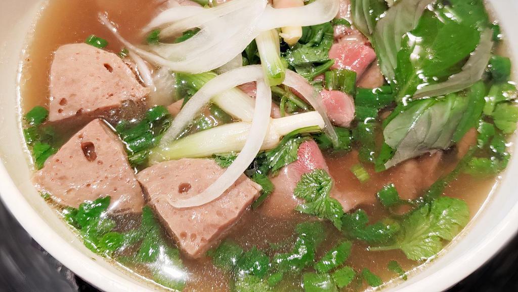 Pho Bo Vien · Beef Pho Noodle Soup with Meatballs.