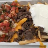 Steak Fries · Choice or meat, fries, melted nacho cheese, pico de gallo and sour cream.