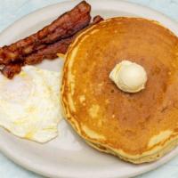 Pancake Special · Two pieces of bacon or sausage, two buttermilk pancakes and one egg (add pancake with bluebe...