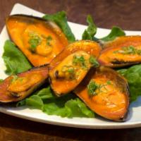 Baked Mussels (5 Pieces) · Spicy. Baked mussels with spicy sauce.