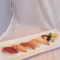 Nigiri Appetizer · tuna, salmon, albacore, hamachi, red snapper, and unagi nigiri sushi.