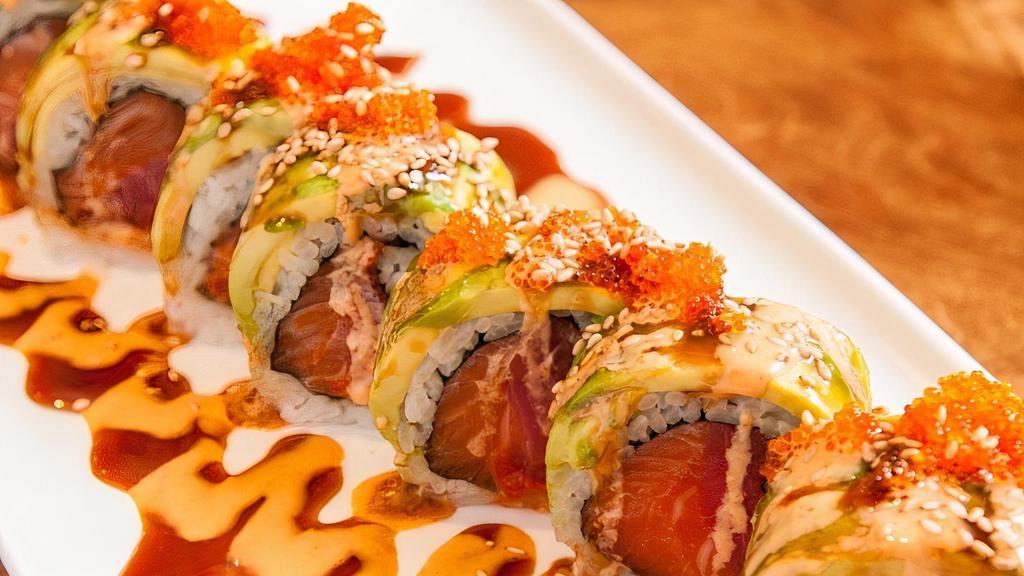 Lambada Roll · #2: Top 10 Best Rolls. Spicy. Tuna, salmon, tobiko and avocado, topped with spicy Joy special sauce.