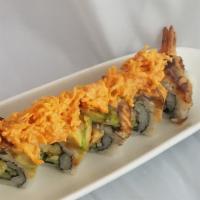 Red Dragon Roll · Spicy. Shrimp tempura and cucumber, topped with unagi, avocado, spicy crab and Joy sauce.
