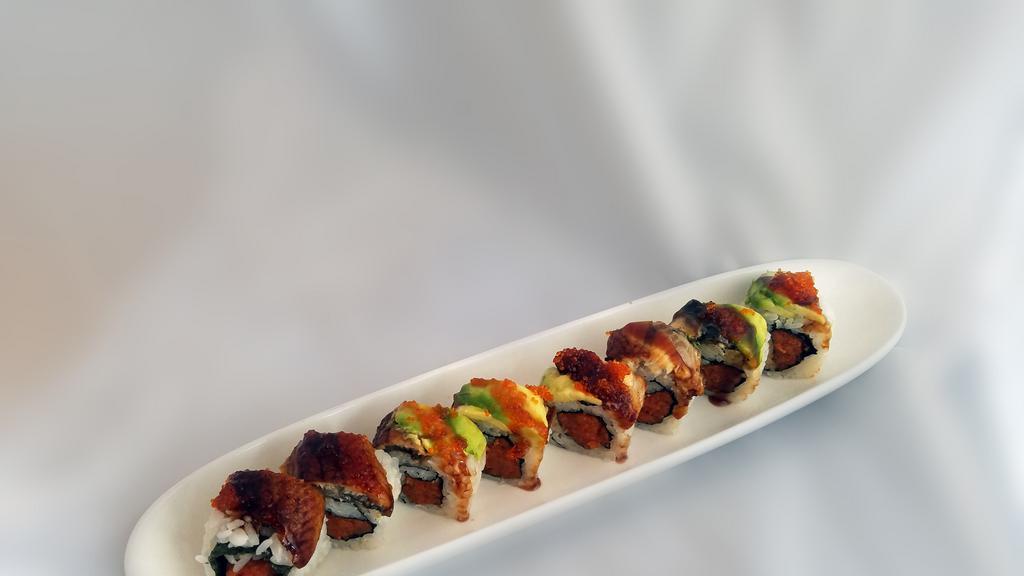 Caltrain Roll · Spicy. Spicy tuna, topped with unagi, avocado, tobiko and unagi sauce.