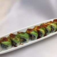 Caterpillar Roll · Unagi and cucumber, topped with avocado, tobiko and unagi sauce.