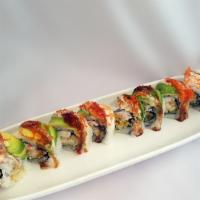 Ebi Heaven Roll · Shrimp tempura, cucumber and crab, topped with ebi, avocado, tobiko and Joy special sauce.