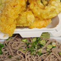 Tempura Zaru Soba Entrée · Cold buckwheat noodles with dipping sauce, plus vegetables on the side with an order of mixe...