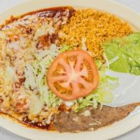 Enchiladas · Choice of meat, rice beans,  guacamole, sour cream, lettuce and choice of green or red salsa.