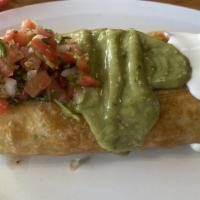 Chimichanga · Meat, cheese inside, cover with guacamole and sour cream rice, beans and salsa et side.