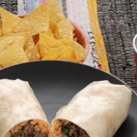 Regular Burrito · Choice of meat, Rice, Beans, Cilantro, Onions and Salsa.