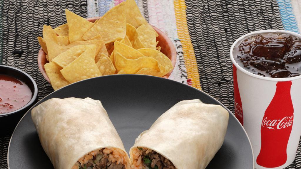Regular Burrito · Choice of meat, Rice, Beans, Cilantro, Onions and Salsa.