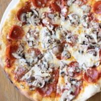 Pepperoni & Crimini Mushroom Pizza · San Marzano Tomato Sauce / Mozzarella Fresca