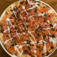 Smoked Salmon Pizza · Housemade Lemon Creme Fraiche / Fried Capers / Shallot / Goat cheese/ Chives