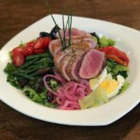 The Nicoise · Seared Rare Ahi Tuna / Little Gems Lettuce / Haricots Vert / Roasted Red Peppers / Thyme Pic...