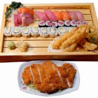 Dinner for Two · 6 pcs sushi, 6 pcs sashimi, California roll and tekka maki
Mix Tempura, and Chicken Katsu