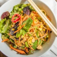 Beijing Chicken · Mixed Asian greens, grilled chicken, Beijing noodles, snow peas, roasted corn, cucumber, red...